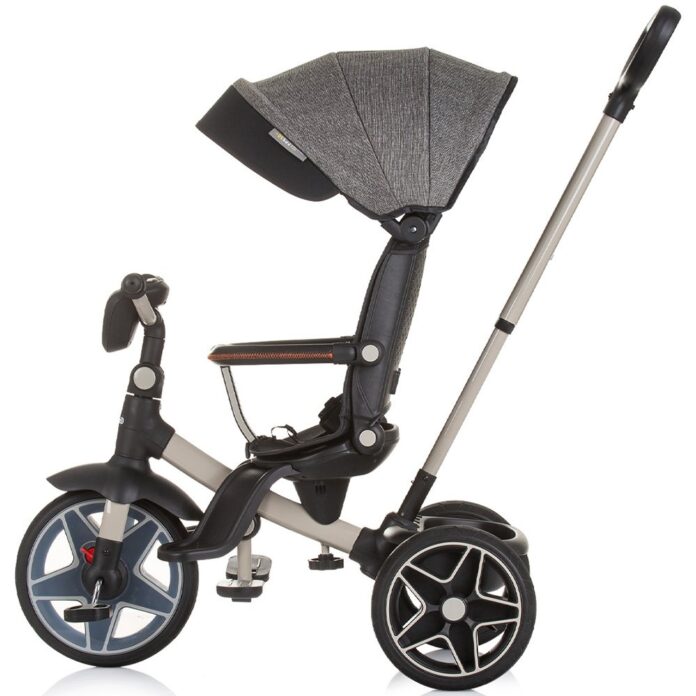 Tricicleta pentru copii Chipolino Derby granite, cu copertina si sezut reversibil , spatar reglabil, pozitie somn,frana, suport pentru picioare, maner cu control al directiei, jucarie cu muzica si lumini