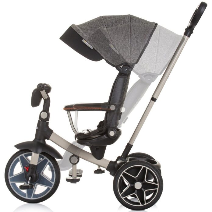 Tricicleta pentru copii Chipolino Derby granite, cu copertina si sezut reversibil , spatar reglabil, pozitie somn,frana, suport pentru picioare, maner cu control al directiei, jucarie cu muzica si lumini