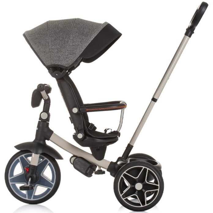 Tricicleta pentru copii Chipolino Derby granite, cu copertina si sezut reversibil , spatar reglabil, pozitie somn,frana, suport pentru picioare, maner cu control al directiei, jucarie cu muzica si lumini