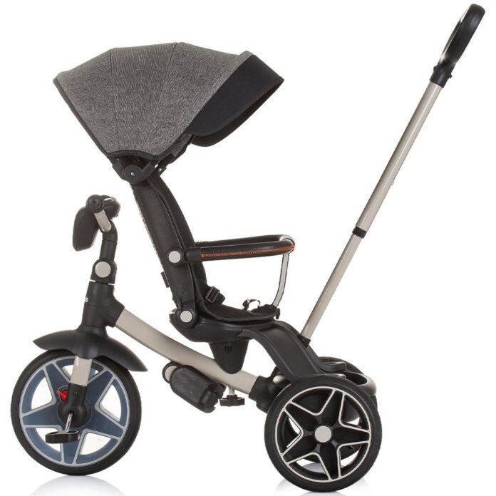 Tricicleta pentru copii Chipolino Derby granite, cu copertina si sezut reversibil , spatar reglabil, pozitie somn,frana, suport pentru picioare, maner cu control al directiei, jucarie cu muzica si lumini