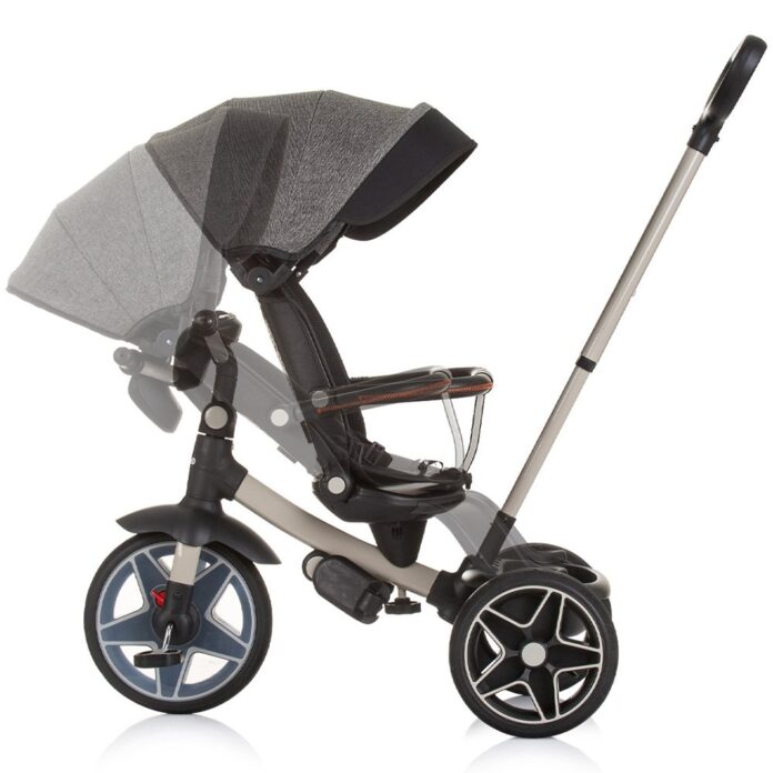 Tricicleta pentru copii Chipolino Derby granite, cu copertina si sezut reversibil , spatar reglabil, pozitie somn,frana, suport pentru picioare, maner cu control al directiei, jucarie cu muzica si lumini