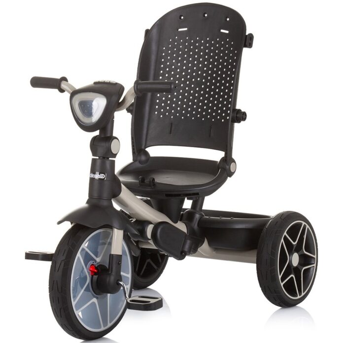 Tricicleta pentru copii Chipolino Derby granite, cu copertina si sezut reversibil , spatar reglabil, pozitie somn,frana, suport pentru picioare, maner cu control al directiei, jucarie cu muzica si lumini