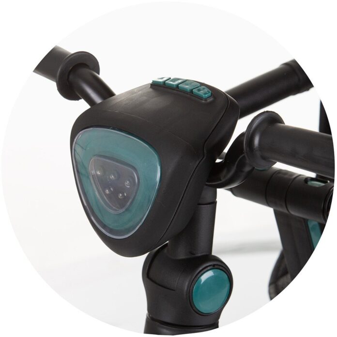 Tricicleta pentru copii Chipolino Derby teal, cu copertina si sezut reversibil, spatar reglabil, pozitie somn,frana, suport pentru picioare, maner cu control al directiei, jucarie cu muzica si lumini