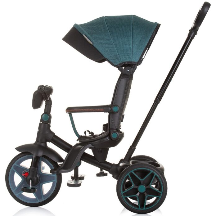 Tricicleta pentru copii Chipolino Derby teal, cu copertina si sezut reversibil, spatar reglabil, pozitie somn,frana, suport pentru picioare, maner cu control al directiei, jucarie cu muzica si lumini
