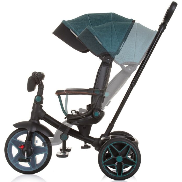 Tricicleta pentru copii Chipolino Derby teal, cu copertina si sezut reversibil, spatar reglabil, pozitie somn,frana, suport pentru picioare, maner cu control al directiei, jucarie cu muzica si lumini