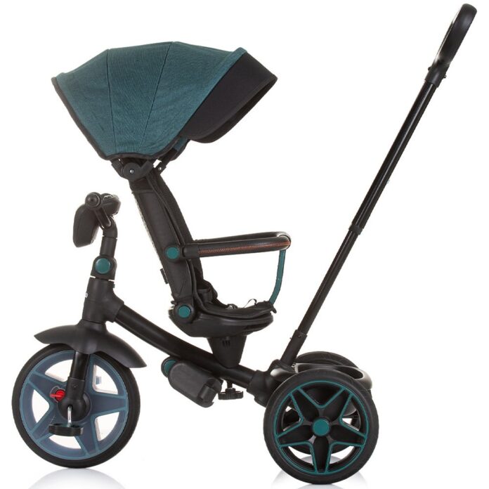 Tricicleta pentru copii Chipolino Derby teal, cu copertina si sezut reversibil, spatar reglabil, pozitie somn,frana, suport pentru picioare, maner cu control al directiei, jucarie cu muzica si lumini