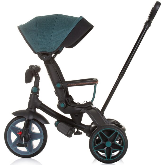 Tricicleta pentru copii Chipolino Derby teal, cu copertina si sezut reversibil, spatar reglabil, pozitie somn,frana, suport pentru picioare, maner cu control al directiei, jucarie cu muzica si lumini