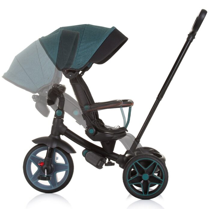 Tricicleta pentru copii Chipolino Derby teal, cu copertina si sezut reversibil, spatar reglabil, pozitie somn,frana, suport pentru picioare, maner cu control al directiei, jucarie cu muzica si lumini
