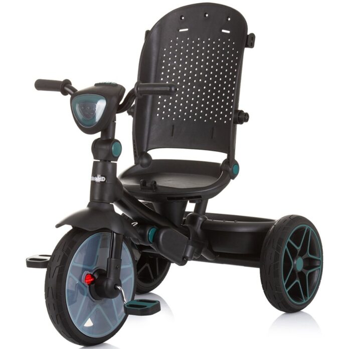 Tricicleta pentru copii Chipolino Derby teal, cu copertina si sezut reversibil, spatar reglabil, pozitie somn,frana, suport pentru picioare, maner cu control al directiei, jucarie cu muzica si lumini