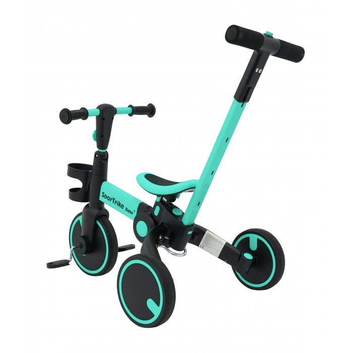Tricicleta pentru copii SporTrike Roz 3 in 1 cu pedale, roti din cauciuc, scaun reglabil in 2 trepte, suport pahar, maner reglabil pe inaltime si detasabil