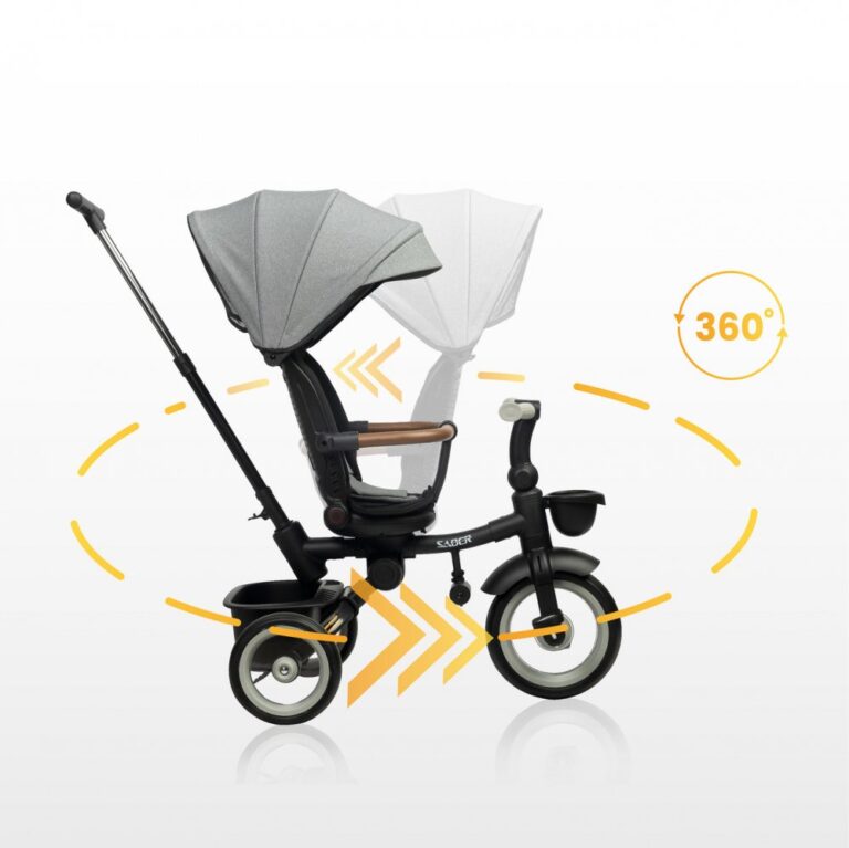 Tricicleta pentru copii Toyz Saber Grey, pliabila, multifunctionala cu spatar reglabil si pozitie de somn, copertina si maner parinte cu inaltime reglabila, pana la 25 kg
