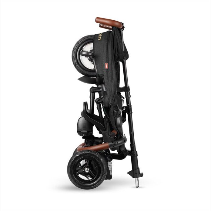 Tricicleta pentru copii QPlay Rito Deluxe maro, pliabila, cu scaun inalt, matlasat, ajustabil in 2 pozitii, maner cu control al directiei, frana dubla, copertina XXL, detalii de piele ecologica