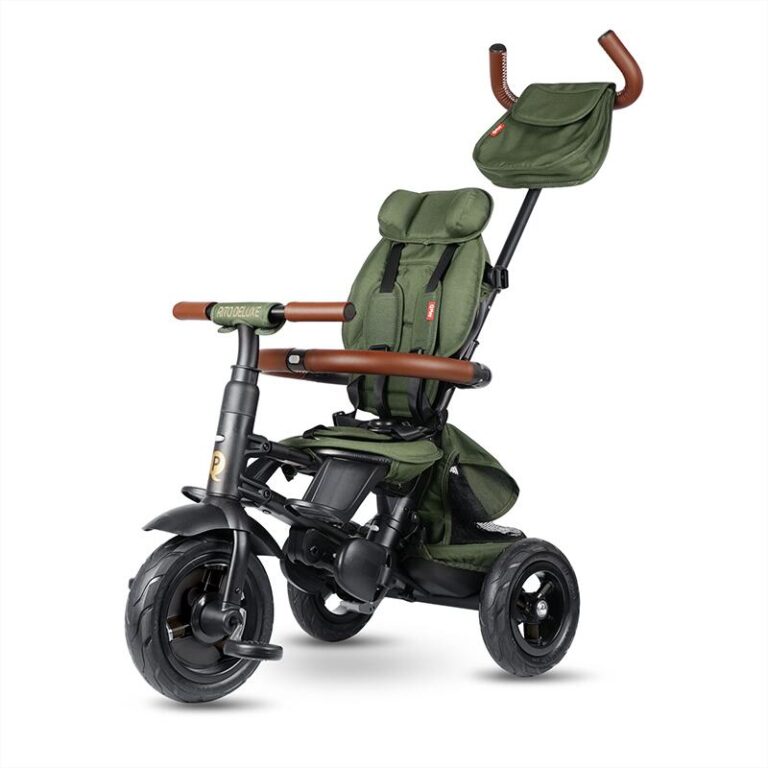 Tricicleta pentru copii Qplay Rito Deluxe verde-maslina, pliabila, cu scaun inalt, matlasat, ajustabil in 2 pozitii, maner cu control al directiei, frana dubla, copertina XXL, detalii de piele ecologica