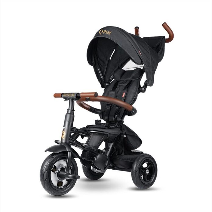 Tricicleta pentru copii QPlay Rito Deluxe maro, pliabila, cu scaun inalt, matlasat, ajustabil in 2 pozitii, maner cu control al directiei, frana dubla, copertina XXL, detalii de piele ecologica