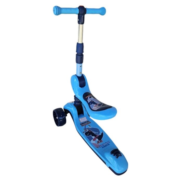 Trotineta pentru copii Novokids Mini Scooter 8130 Albastru 2 in 1, cu roti luminoase din silicon, melodii, 3 roti, pliabila, maner reglabil, greutate suportata 50 kg
