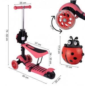 Trotineta 3 in 1 pentru copii, MalPlay, cu roti luminoase led, ghidon si scaunel ajustabile, frana pe roata din spate si cosulet in forma de buburuza, pink ladybug Trotineta 3 in 1 pentru copii, MalPlay, cu roti luminoase led, ghidon si scaunel ajustabile, frana pe roata din spate si cosulet in forma de buburuza, pink ladybug