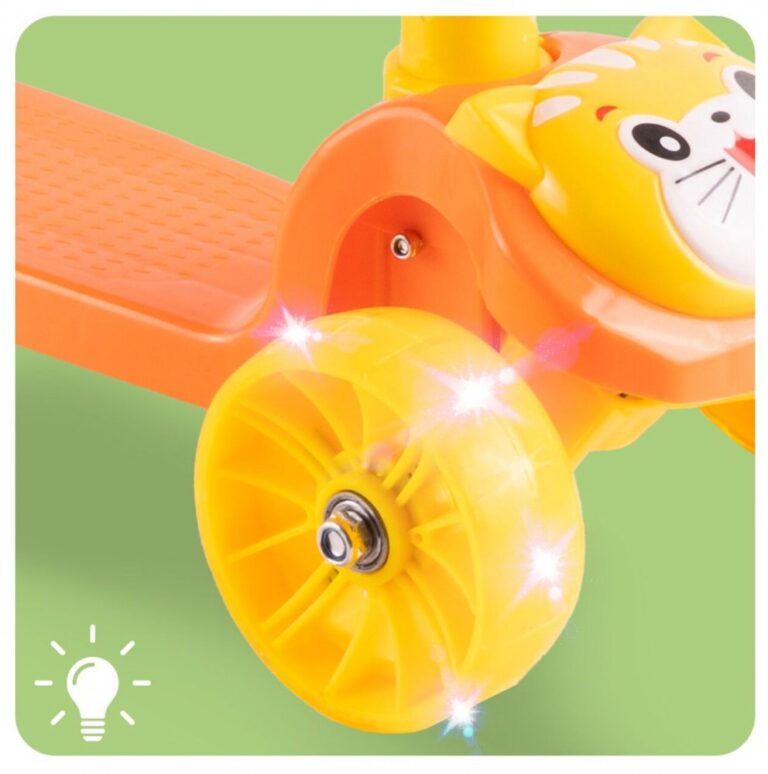 Trotineta pentru copii Malplay model 2 in 1 cu trei roti, dotata cu scaunel detasabil, ghidon ajustabil in 4 trepte, platforma antiderapanta, roti luminoase cu led, frana pe roata din spate si functie de pliere, orange kitty