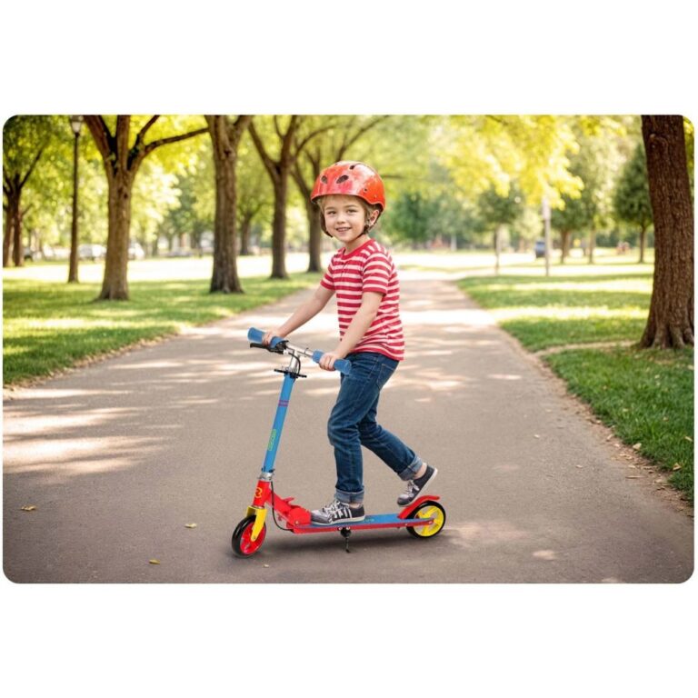 Trotineta pentru copii Ricokids Kodi AlbastruRosu pliabila, inaltime ghidon reglabila, platforma antiderapanta, roti din PU rezistente, rulmenti ABEC-7, 2 frane de mana si picior, manere ergonomice pliabile si cric