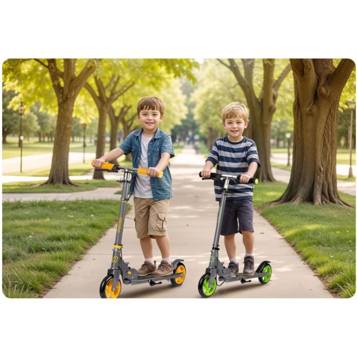 Trotineta pentru copii Ricokids Kodi NegruVerde pliabila, inaltime ghidon reglabila, platforma antiderapanta, roti din PU rezistente, rulmenti ABEC-7, 2 frane de mana si picior, manere ergonomice pliabile si cric