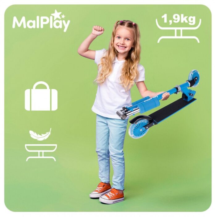 Trotineta pliabila si reglabila pentru copii Malplay Blue, echipata cu lumini LED