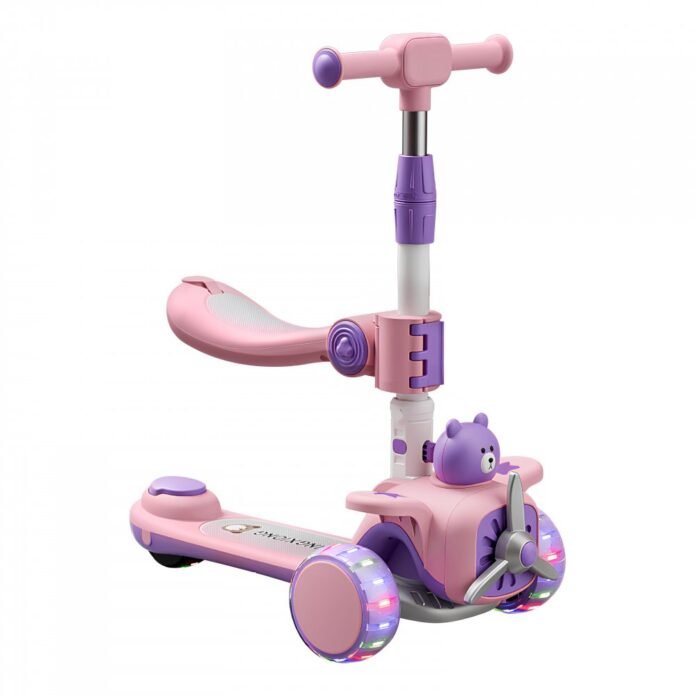 Trotineta 3 in 1 pentru copii, Nichiduta, pliabila, cu ghidon reglabil, manerele ergonomice, muzica, roti silentioase din PU cu lumini LED, echipata cu scaunel si maner parental, dimensiune 59 x 30 x 73cm, Green Bear