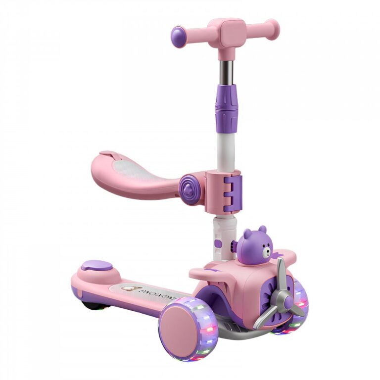 Trotineta 3 in 1 pentru copii, Nichiduta, pliabila, cu ghidon reglabil, manerele ergonomice, muzica, roti silentioase din PU cu lumini LED, echipata cu scaunel si maner parental, dimensiune 59 x 30 x 73cm, Green Bear