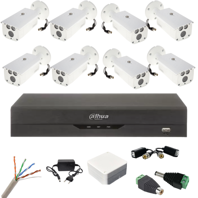Sistem complet de supraveghere 8 camere exterior Dahua 2MP IR 80m, DVR 8 canale, accesorii montaj Sistem complet de supraveghere 8 camere exterior Dahua 2MP IR 80m, DVR 8 canale, accesorii montaj