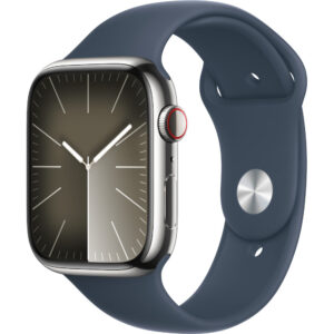 Apple Watch S9, Cellular, 45mm, Silver Stainless Steel Case, Storm Blue Sport Band, S/M Apple Watch S9, Cellular, 45mm, Silver Stainless Steel Case, Storm Blue Sport Band, S/M