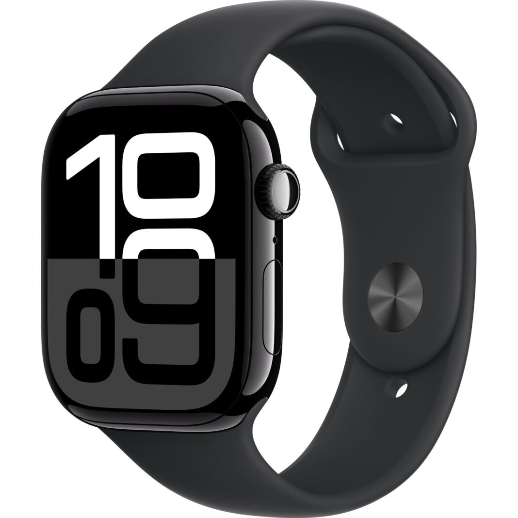 Apple Watch Series 10, GPS, 46mm Jet Black Aluminium Case, Sport Band, Black, S/M