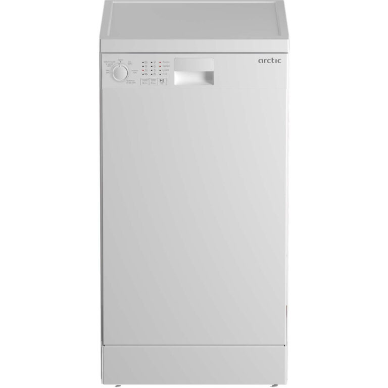 Masina de spalat vase slim Arctic DFS0502, 10 seturi, 5 programe, Aqua Protect, Sistem dedurizare apa, Amanare pornire, Alb, Clasa E