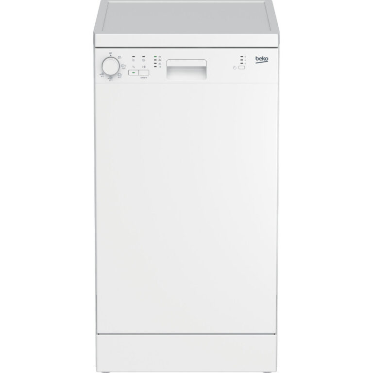 Masina de spalat vase slim Beko DFS05024W, 10 seturi, 5 programe, Clean&Shine, Indicator sare, Eco 50°C, Intensiv 70°C, Clatire suplimentara, Cos tacamuri, Clasa E