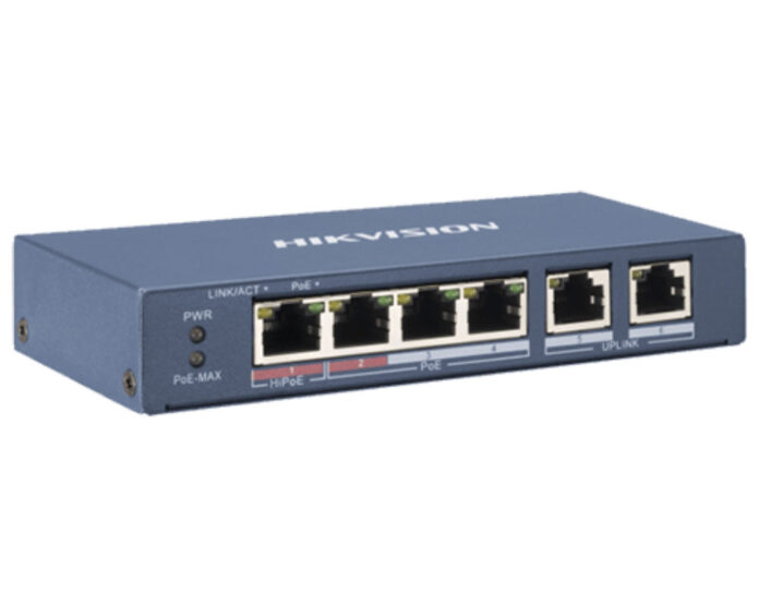 Switch Hikvision 4 Porturi PoE 35W fara management, 1.6 Gbps, 300 m DS-3E0106P-E/M Switch Hikvision 4 Porturi PoE 35W fara management, 1.6 Gbps, 300 m DS-3E0106P-E/M