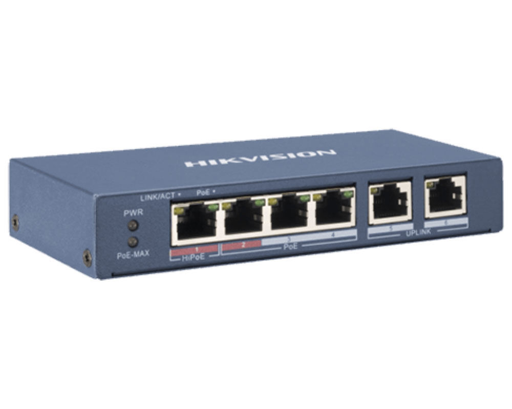 Switch Hikvision 4 Porturi PoE 35W fara management, 1.6 Gbps, 300 m DS-3E0106P-E/M Switch Hikvision 4 Porturi PoE 35W fara management, 1.6 Gbps, 300 m DS-3E0106P-E/M