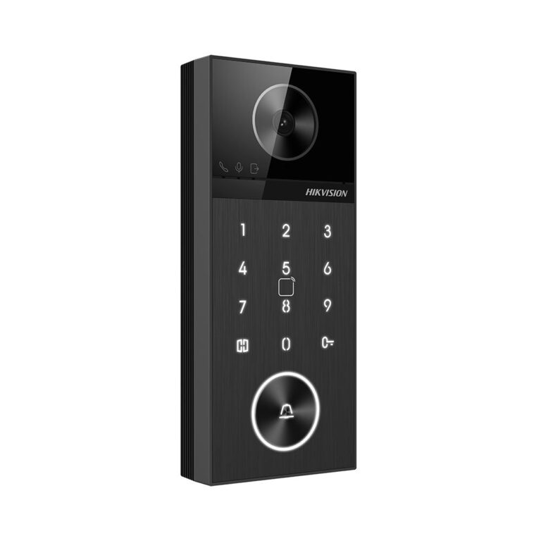 Videointerfon de exterior WiFi6 Hikvision DS-KV6124-WBE1, 1 familie, 4MP, PoE, unghi 150 grade, slot card, bluetooth, ONVIF, autentificare prin PIN/Card/Bluetooth/aplicatie/post interior, microfon si difuzor, IR 3 m, tip card M1 13.56 MHz, aparent