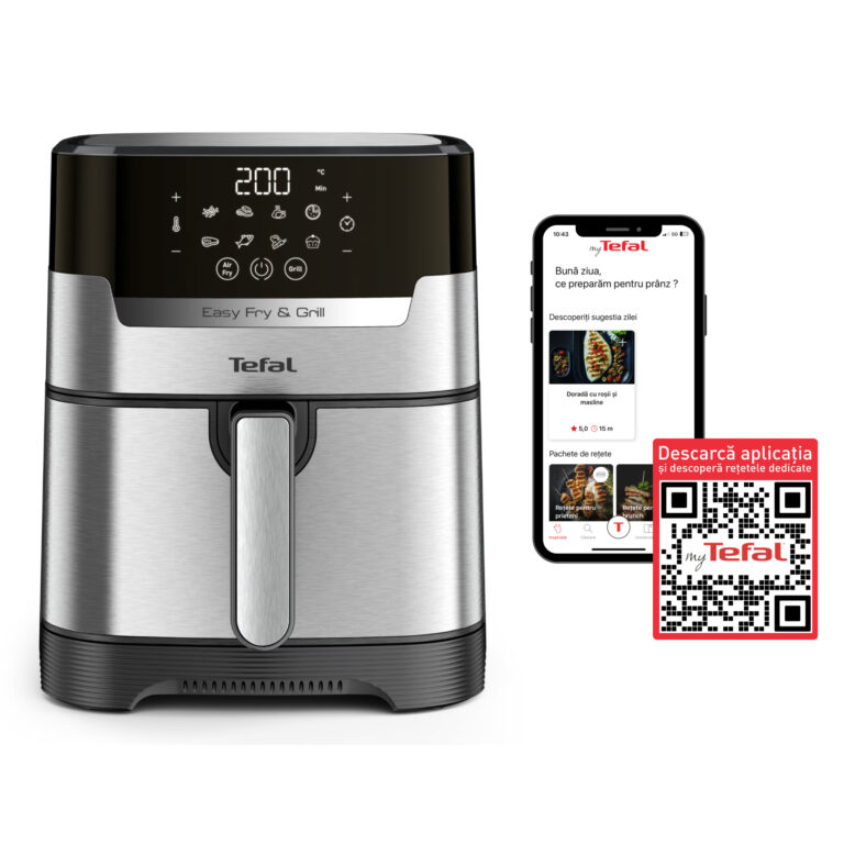 Friteuza cu aer cald Tefal Easy Fry&Grill 2in1 EY505D15, 1400 W, 4.2 L, 8 programe automate, functie deshidratare, functie grill cu gratar incorporat, tehnologie Extra Crisp, vas detasabil, negru & argintiu