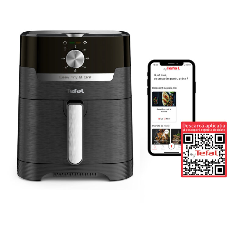 Friteuza cu aer cald Tefal Easy Fry & Grill EY501815 2 in 1, 1400W,  capacitate 4.6L, pana la 6 persoane, functie grill, temperatura ajustabila, negru & argintiu