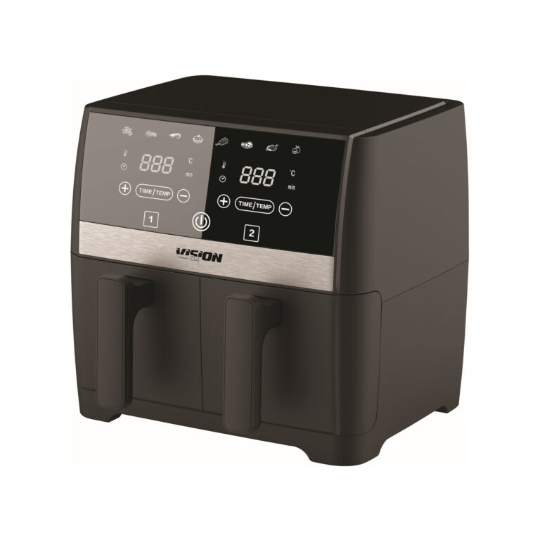 Friteuza dubla cu aer cald, Vision Chef VAFD2100N8, 7.6 litri, 2100 W, Termostat ajustabil, 8 programe presetate, Negru