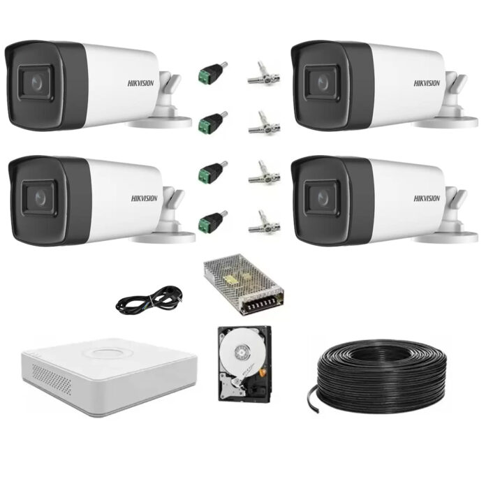Kit 4 camere supraveghere Hikvision, 2MP FULL HD, IR 40m, accesorii montaj incluse