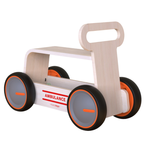 Jucarie din lemn 3 in 1 Ambulanta DriveMe Wood: masinuta ride-on, premergator si carucior de jucarii MamaToyz