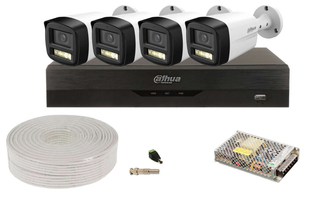 Kit pentru exterior cu 4 camere 5MP, Iluminare duala 40m + DVR 4 canale AI Dahua, KIT4DHFHD80-TW