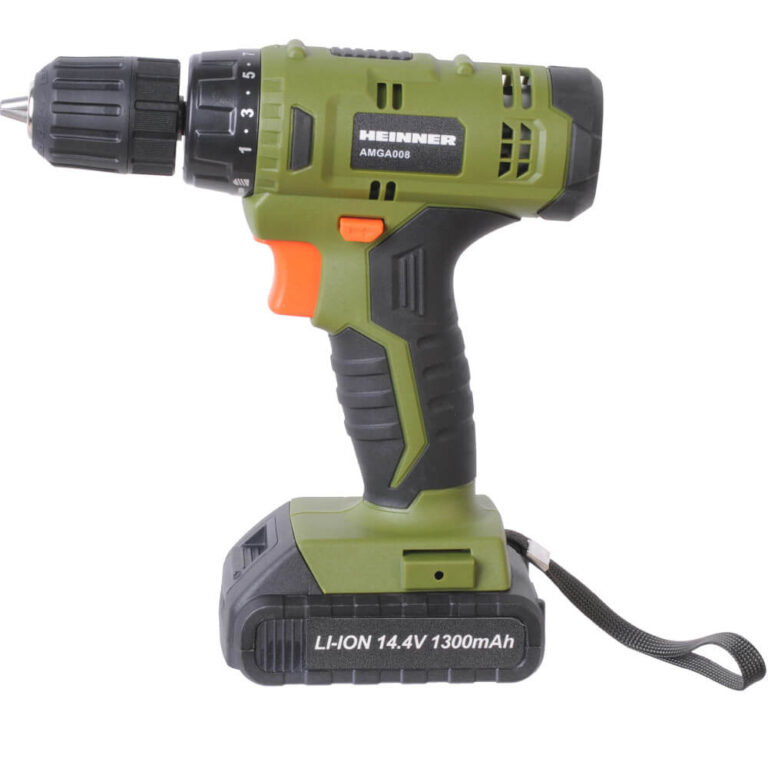 Masina de gaurit cu acumulator Heinner AMGA008, 14.4 V, 650 RPM, 1.3Ah, 21+1 trepte torsiune, Mandrina 10 mm, Negru/Verde