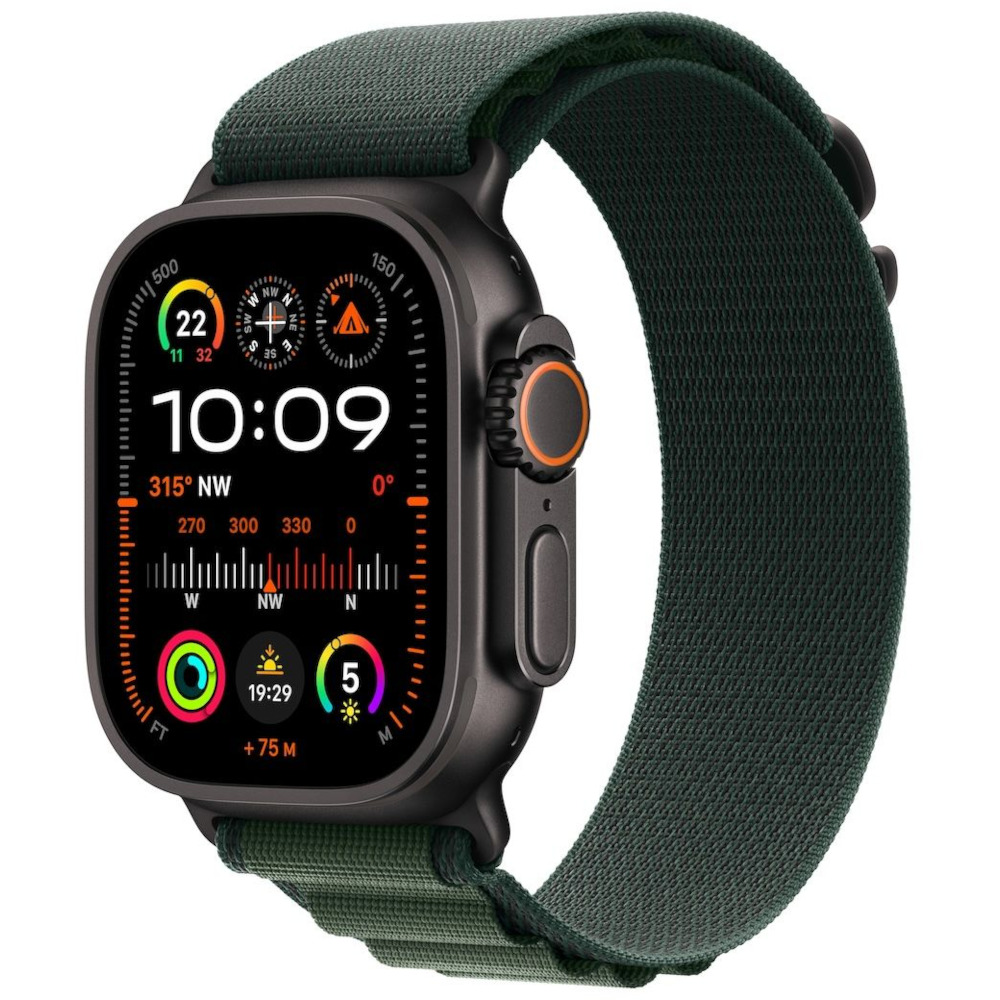 Apple Watch Ultra 2, GPS, Cellular, 49 mm, Carcasa Black Titanium, Dark Green Alpine Loop, Large Apple Watch Ultra 2, GPS, Cellular, 49 mm, Carcasa Black Titanium, Dark Green Alpine Loop, Large