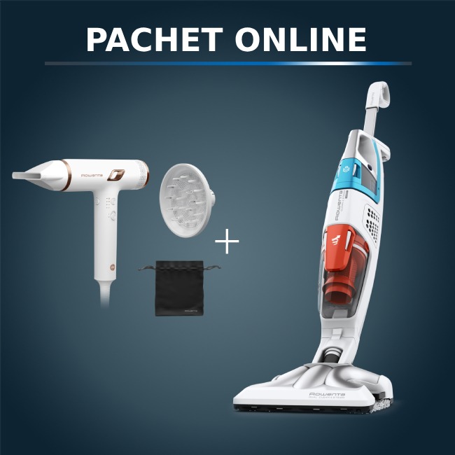 Pachet PROMO Aspirator cu abur Rowenta Clean & Steam Multi RY8544WH  1700W & Uscator de par compact Rowenta Nano HY8140F0  1700W