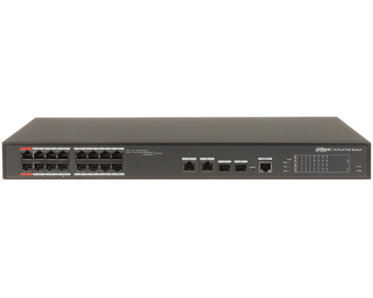 Switch 20 porturi, Dahua PFS4218-16ET-240-V3, 16x porturi PoE 10/100Mbps, 2x RJ45 Gb, 2 SFP GB, 240W, management, PoE watchdog