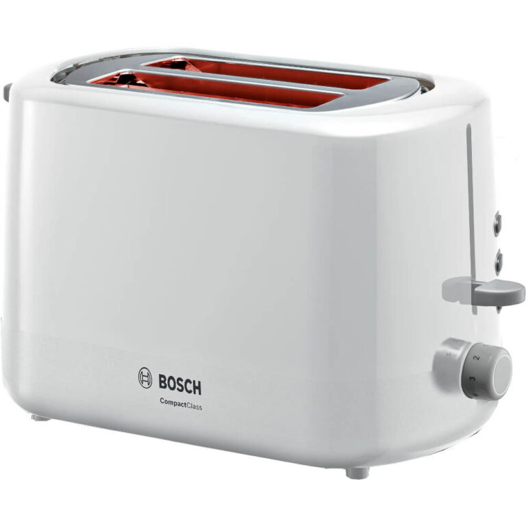 Prajitor paine Bosch TAT3A111, 800 W, 2 felii, Controlul variabil de rumenire, Senzor electronic prajire uniforma, Functie dezghetare si incalzire, Alb