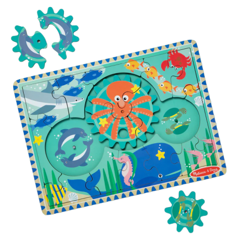 Puzzle educativ din lemn, cu rotite dintate, Oceanul, 8 piese, pentru copii 3 ani+, Melissa&Doug 31003