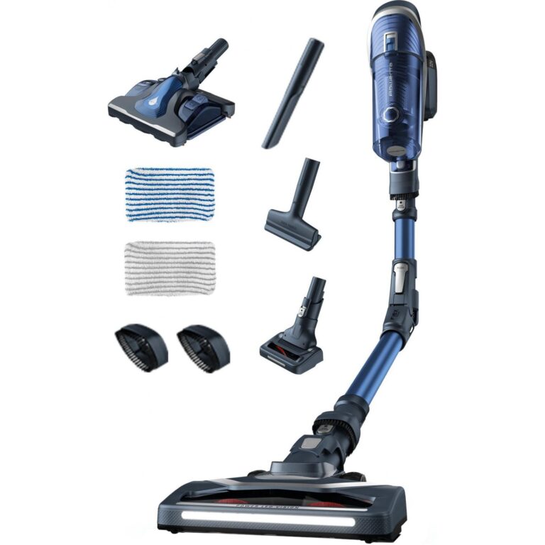 Aspirator vertical Rowenta X-Force Flex 8.60 Aqua RH9690WO, putere aspirare 185 air watts, autonomie max 45 min, 3 in 1, iluminare LED, flexibil, cap de aspirare aqua, functie boost, gri & albastru