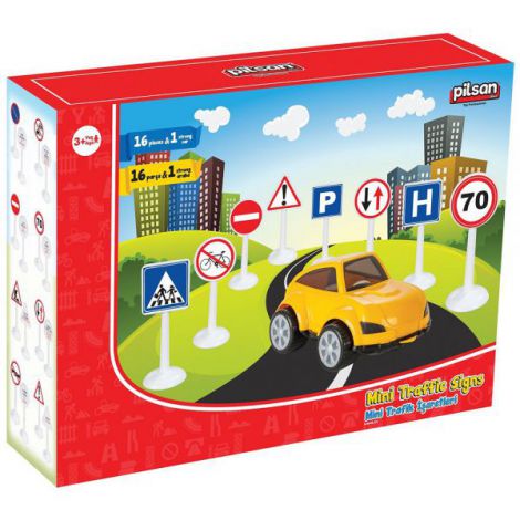 Set Pilsan Jucarie indicatoare rutiere Mini Traffic Signs cu masinuta Set Pilsan Jucarie indicatoare rutiere Mini Traffic Signs cu masinuta