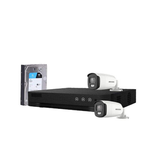 Sistem supraveghere exterior cu HDD 1TB HikVision, 2 camere, 5 MP, lumina alba 20 m, 2.8 mm, stroboscop