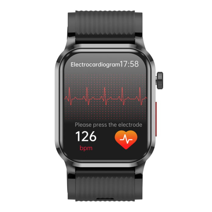 Smartwatch iSEN P300-Pro, Alb, Curea Silicon Neagra, 2.13   AMOLED, Ritm Cardiac, SpO2, Tensiune (Pompa de Aer), ECG, Temperatura, Moduri Sport, Bluetooth, 300 mAh, Android 8.0   iOS 10.0